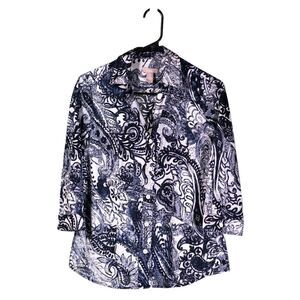 Chico's Women's Shirt Button Up Blue White Paisley 3/4 Sleeve Blouse Top 0 S/4